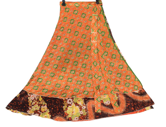 Sushila Vintage Magic Wrap Orange Floral Silk Saree Reversible Skirt BeachDress