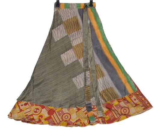 Sushila Vintage Silk Saree Magic Wrap Reversible Skirt Greyish Green BeachDress