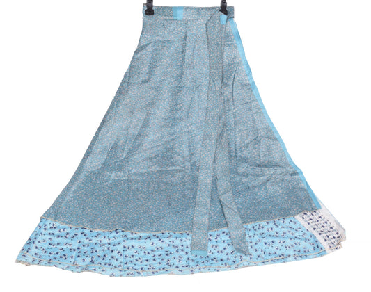 Sushila Vintage Sky Blue Magic Wrap Reversible Skirt Art Silk Saree Beach Dress