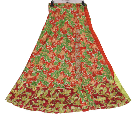 Sushila Vintage Silk Saree Magic Wrap Red Reversible Skirt Floral Beach Dress