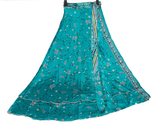 Sushila Vintage Magic Wrap Reversible Skirt Art Silk Saree Beach Dress Teal Blue
