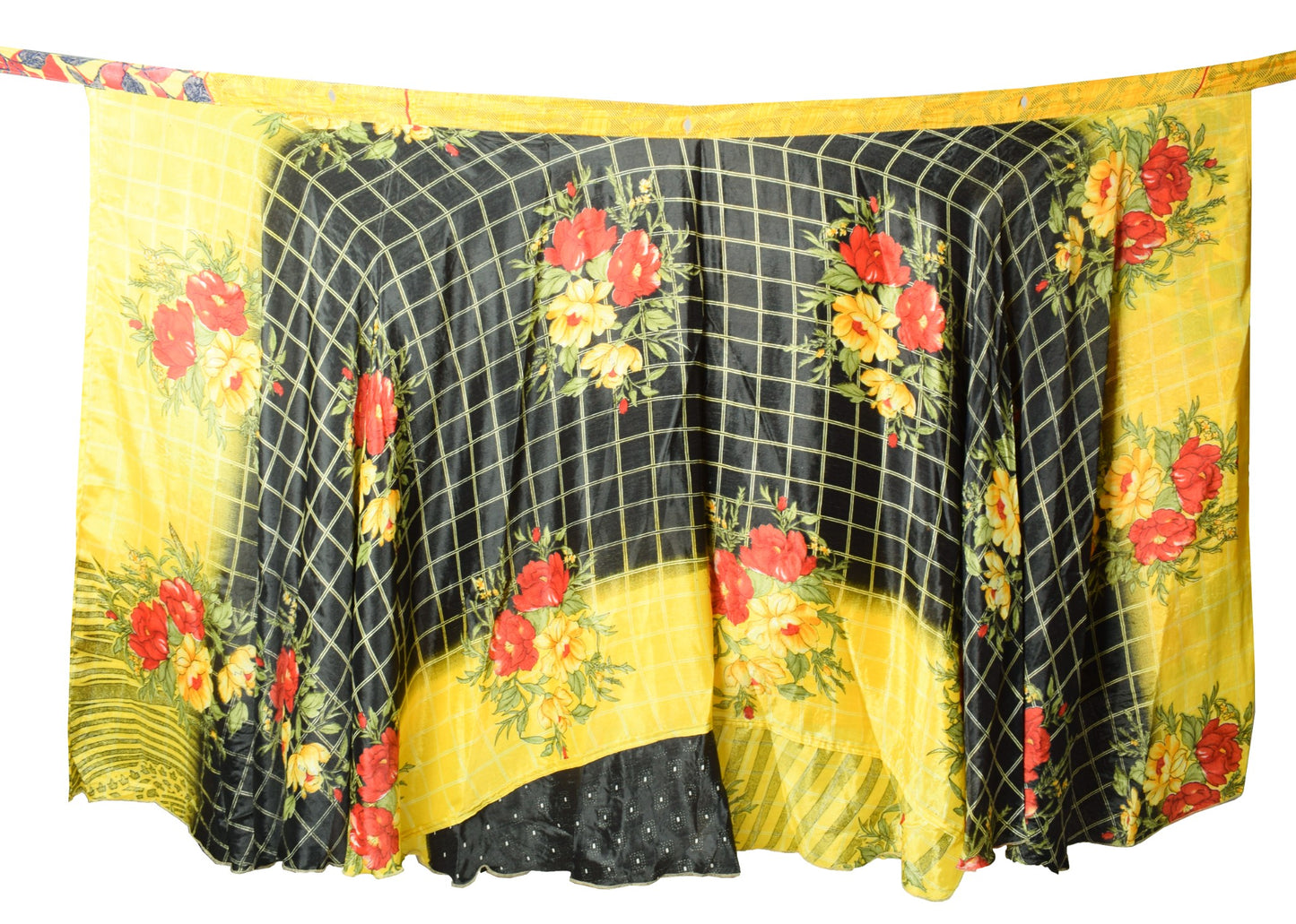 Sushila Vintage Yellow Black Art Silk Saree Magic Wrap Reversible Skirt Beach Dress