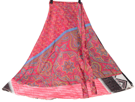 Sushila Vintage Silk Saree Magic Wrap Reversible Skirt Beach Dress Floral Pink