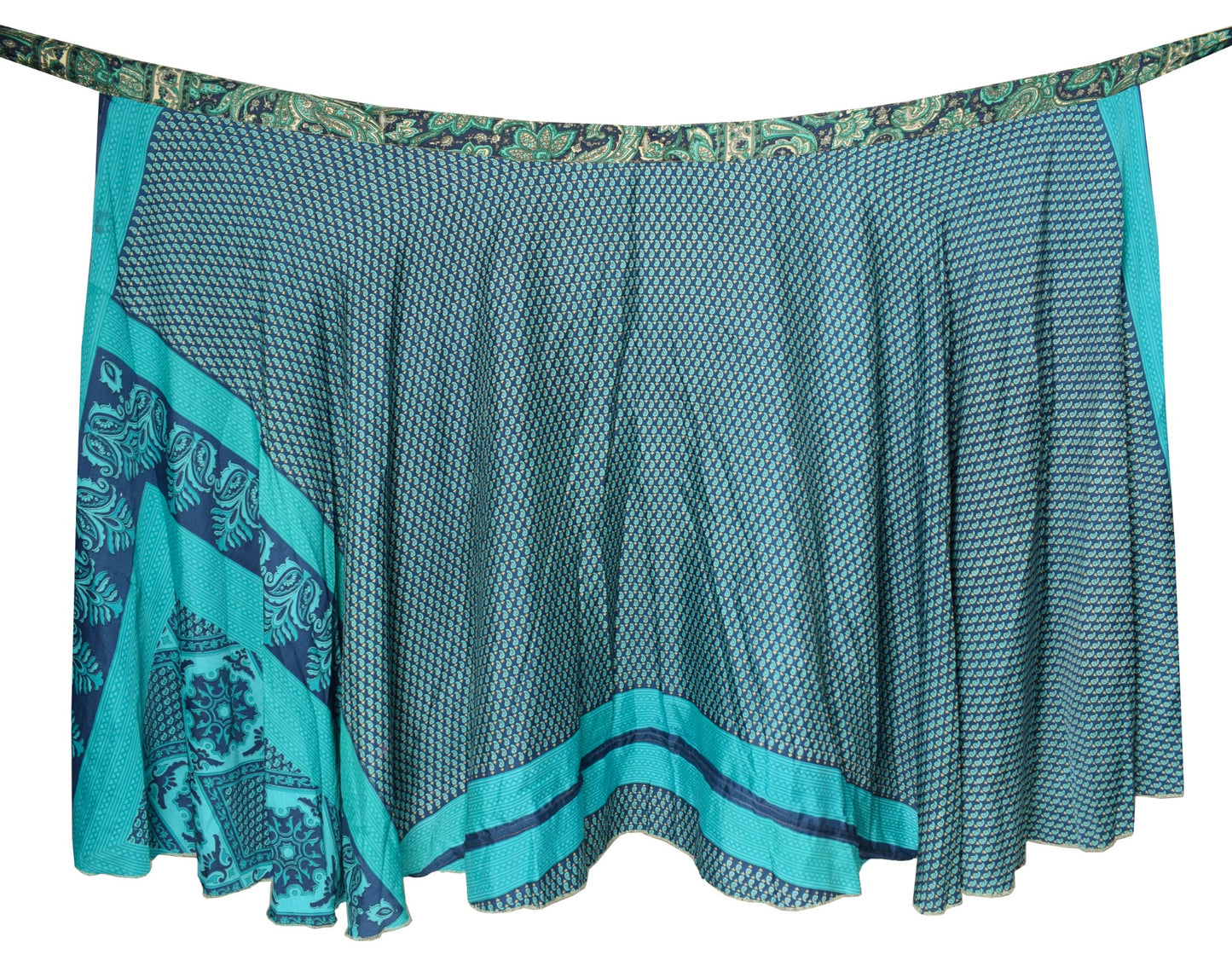 Sushila Vintage Art Silk Saree Magic Wrap Reversible Skirt Green & Blue Beach Dress