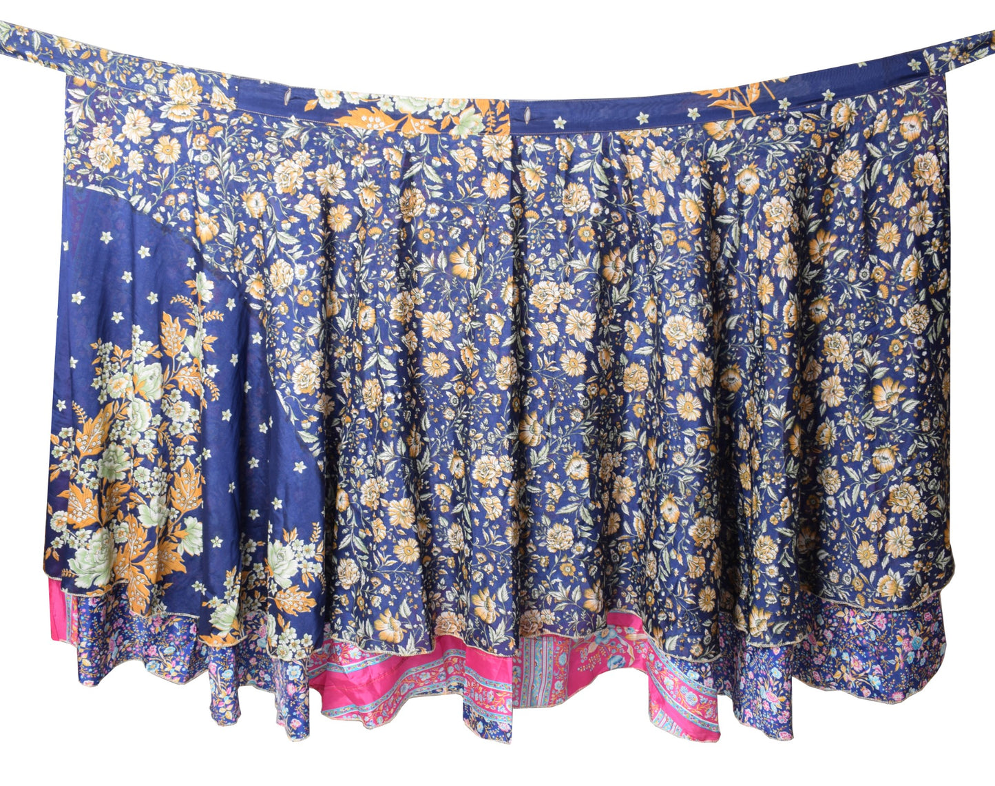 Sushila Vintage Silk Saree Magic Wrap Reversible Floral Blue Skirt Beach Dress