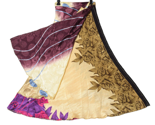 Sushila Vintage Silk Saree Magic Wrap Reversible Skirt Beach Dress Beige Floral