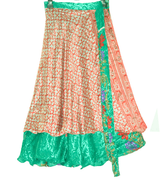 Sushila Vintage Silk Saree Magic Wrap Reversible Skirt Beach Dress Green Floral