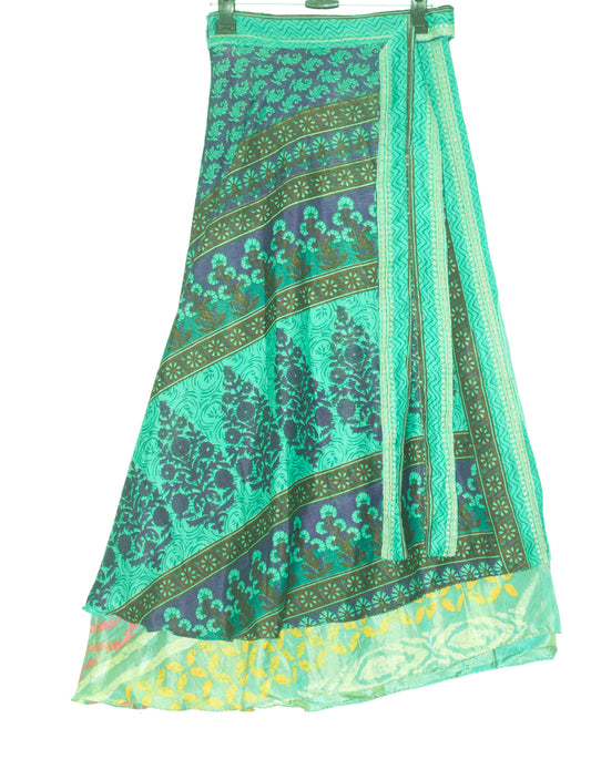 Sushila Vintage Silk Saree Green  Magic Wrap Reversible Skirt Beach Dress Hippie