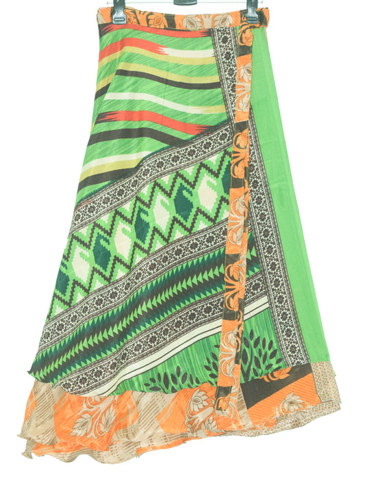 Sushila Vintage Green Brown Silk Saree Magic Wrap Reversible Skirt Beach Dress