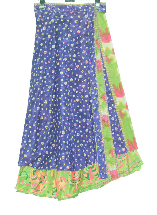 Sushila Vintage Art Silk Saree Magic Wrap Reversible Skirt Human Printed Beach Dress