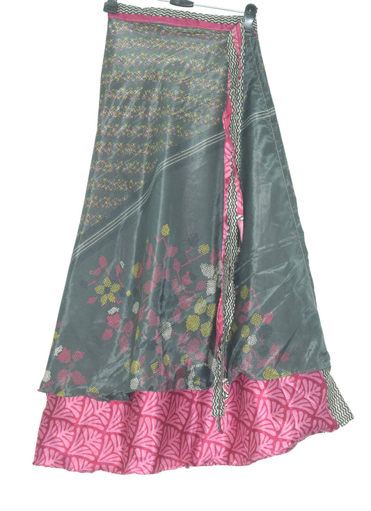 Sushila Vintage Gray Silk Saree 2 Layer Magic Wrap Reversible Skirt Beach Dress
