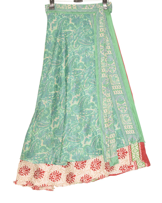 Sushila Vintage Green Cream Silk Saree Magic Wrap Reversible Skirt Beach Dress