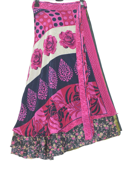 Sushila Vintage Silk Saree Magic Wrap Reversible Skirt Black Floral Beach Dress