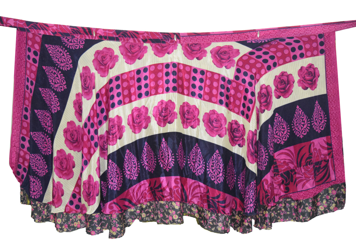 Sushila Vintage Silk Saree Magic Wrap Reversible Skirt Black Floral Beach Dress