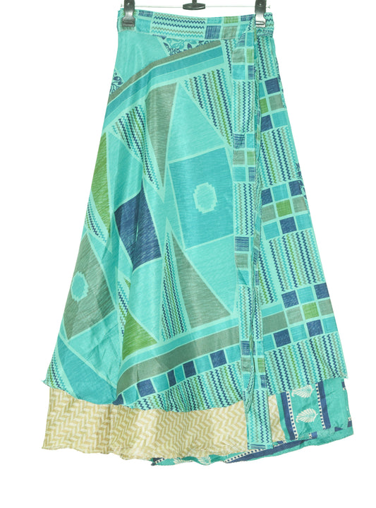 Sushila Vintage Aqua Green Silk Saree Magic Wrap Reversible Skirt Beach Dress