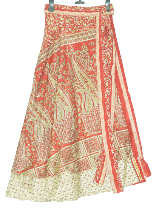 Sushila Vintage Silk Saree Magic Wrap Reversible Skirt Red Floral Beach Dress