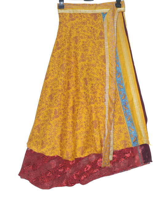 Sushila Vintage Silk Saree Magic Wrap Reversible Skirt Red 2 Layer Beach Dress