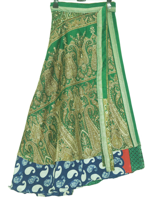 Sushila Vintage Green Blue Silk Saree Magic Wrap Reversible Skirt Beach Dress