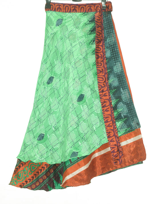 Sushila Vintage Silk Saree Magic Wrap Reversible Skirt Beach Dress Green Boho