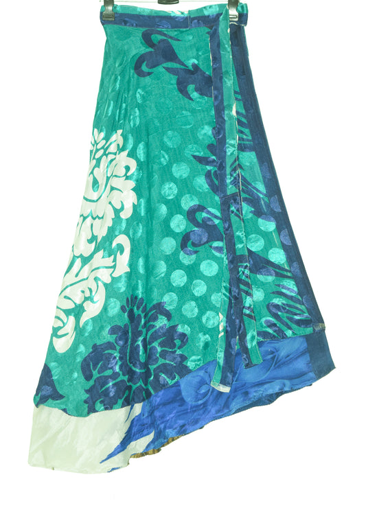 Sushila Vintage Blue Silk Saree Magic Wrap Reversible Skirt Beach Dress 2 Layer