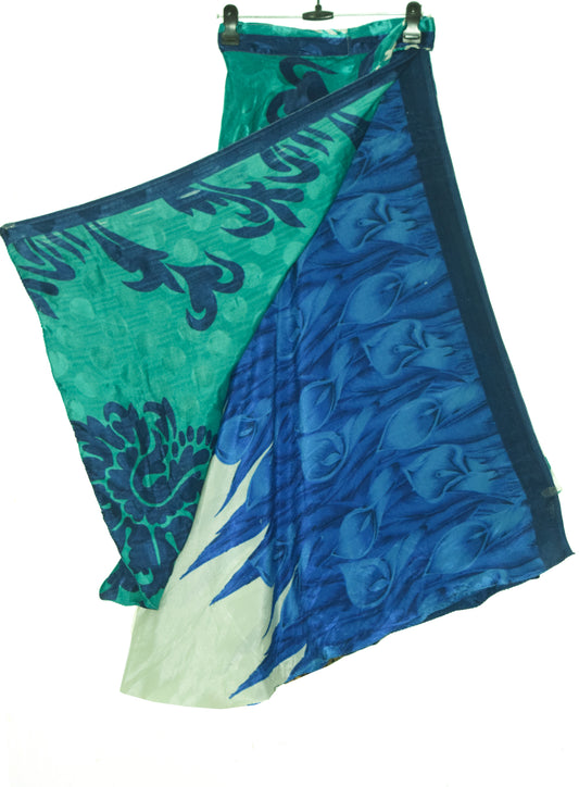 Sushila Vintage Blue Silk Saree Magic Wrap Reversible Skirt Beach Dress 2 Layer