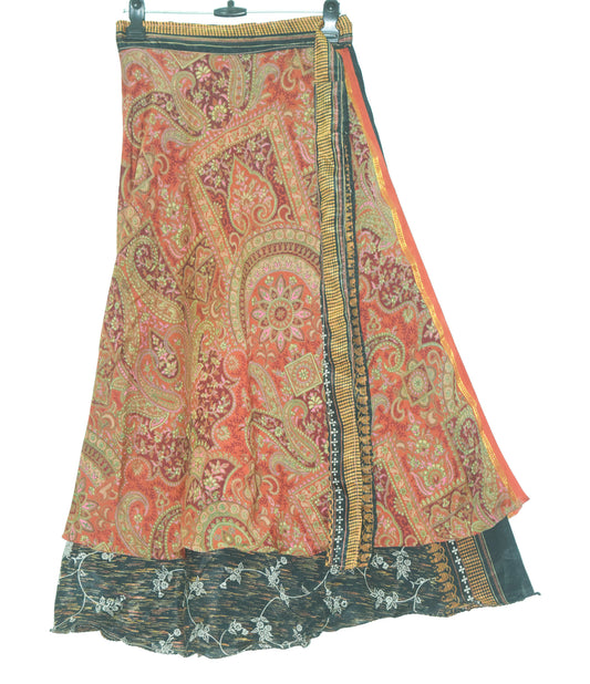 Sushila Vintage Silk Saree Magic Wrap Reversible Skirt Black 2Layer Beach Dress