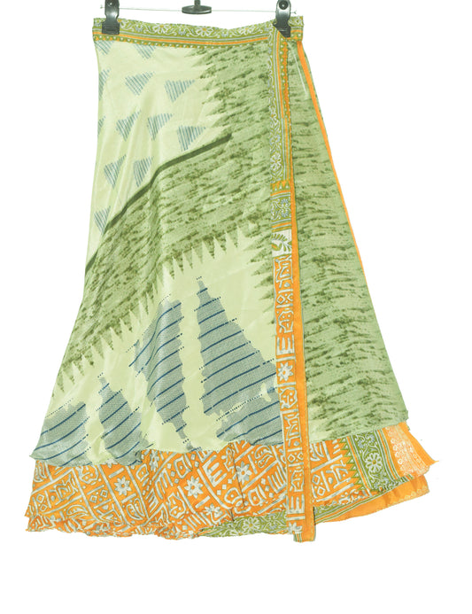 Sushila Vtg Green Mustard Silk Saree Magic Wrap Reversible Skirt Beach Dress