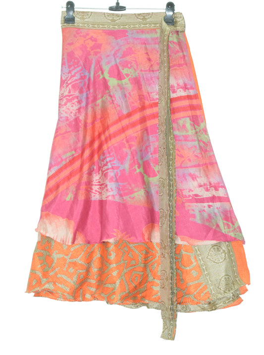 Sushila Vintage Silk Saree Magic Wrap Reversible Skirt Orange Beach Dress Boho