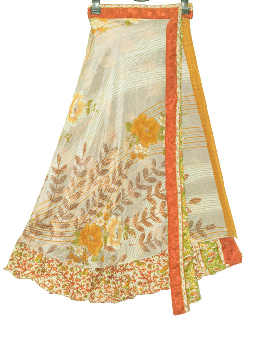 Sushila Vintage Silk Saree Magic Wrap Reversible Skirt Beach Dress Cream Birds