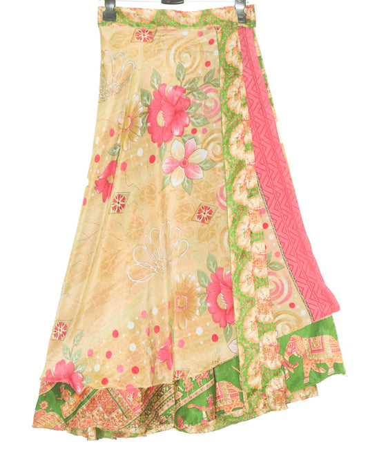 Sushila Vtg Human Printed Silk Saree Magic Wrap Reversible Skirt Beach Dress