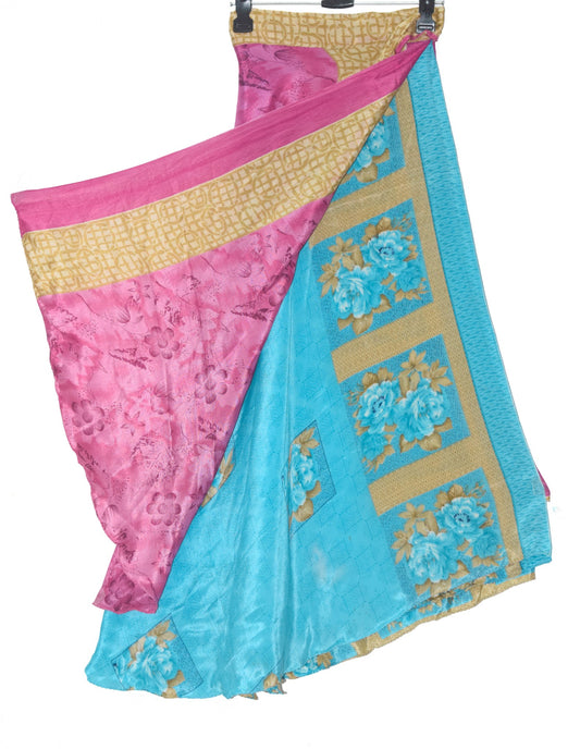 Sushila Vintage Blue & Pink Silk Saree Magic Wrap Reversible Skirt Beach Dress
