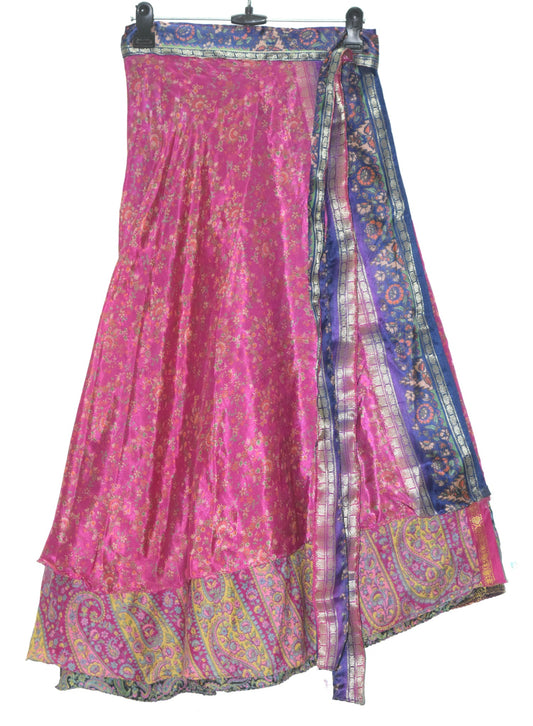Sushila Vintage Pink & Black Silk Saree Magic Wrap Reversible Skirt Beach Dress