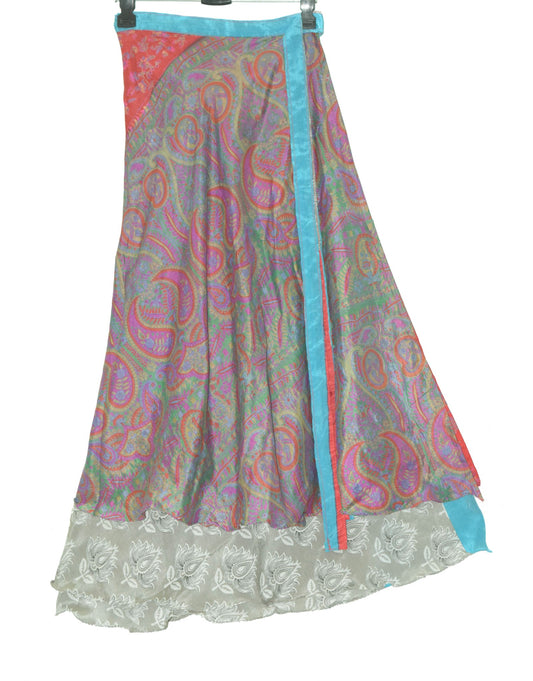 Sushila Vintage Gray Floral Silk Saree Magic Wrap Reversible Skirt Beach Dress
