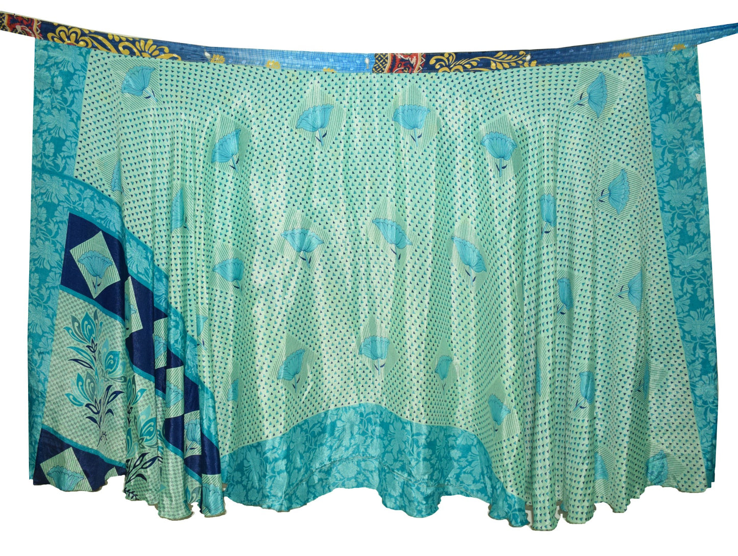 Sushila Vintage Blue Green Saree Magic Wrap Reversible Skirt Art Silk Beach Dress