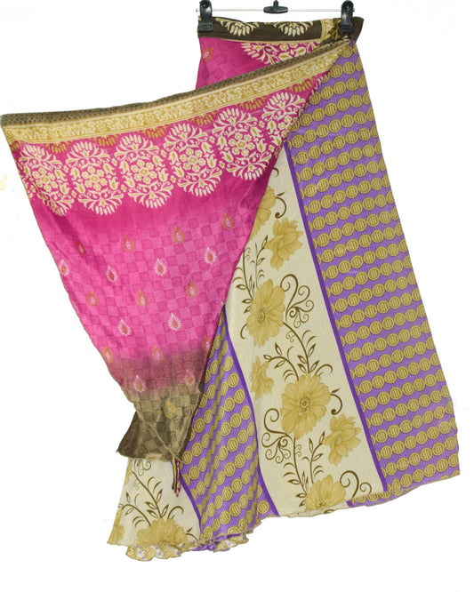 Sushila Vtg Silk Saree Magic Wrap Reversible Skirt Floral 2 Layer Beach Dress