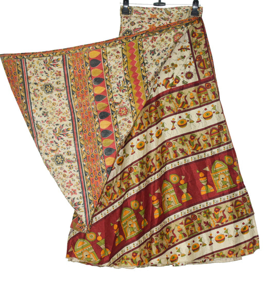 Sushila Vintage Warli Art Silk Saree Magic Wrap Reversible Skirt Beach Dress
