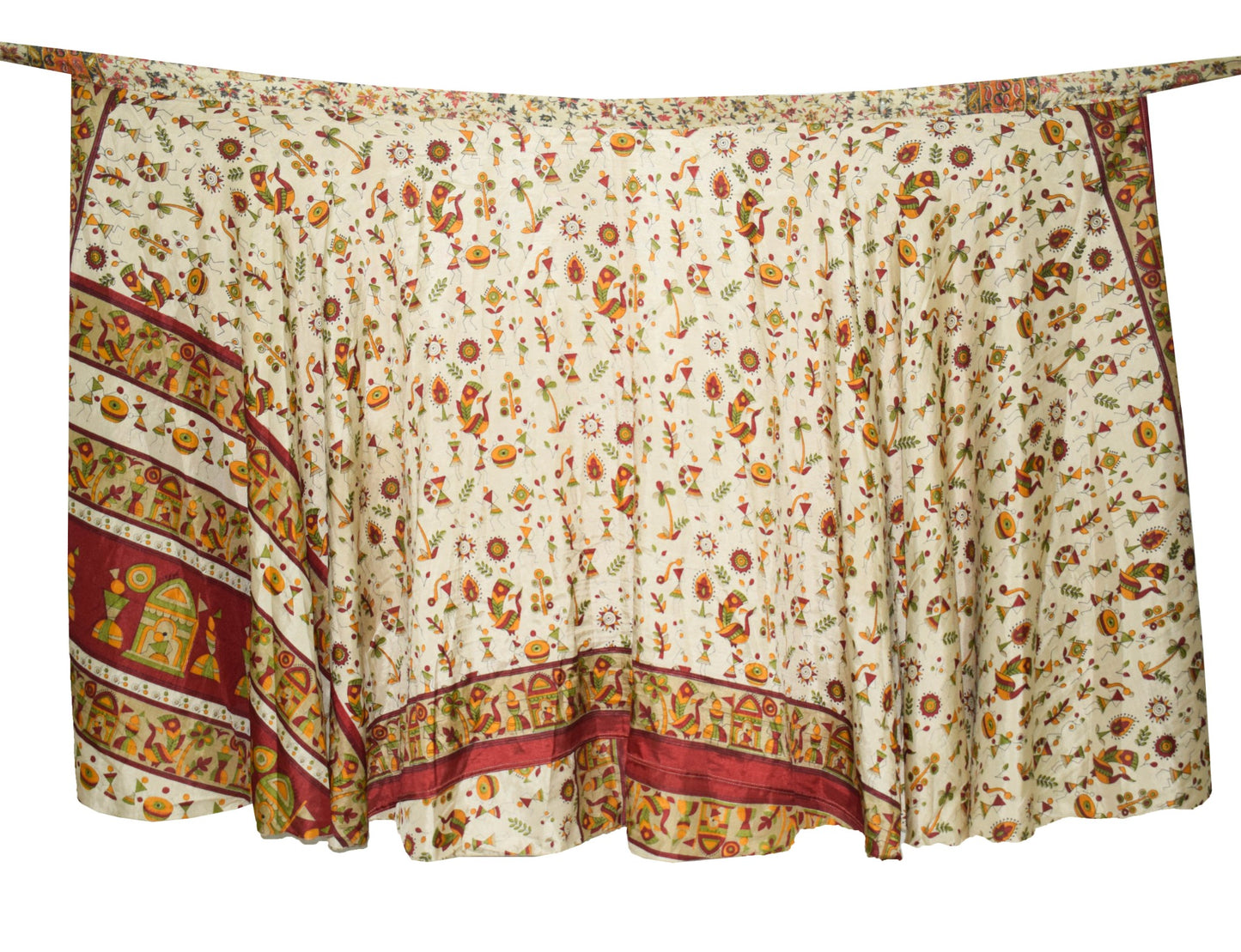 Sushila Vintage Warli Art Silk Saree Magic Wrap Reversible Skirt Beach Dress