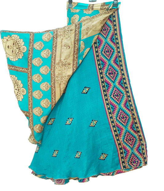 Sushila Vtg Human Face Print Silk Saree Magic Wrap Reversible Skirt Beach Dress