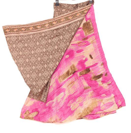 Sushila Vintage Brown Art Silk Saree Magic Wrap Reversible Skirt 2Layer Beach Dress