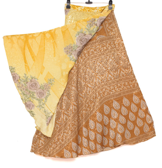 Sushila Vintage Art Silk Saree Magic Wrap Reversible Skirt Brown Yellow Beach Dress