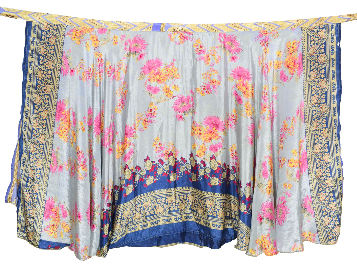 Sushila Vintage Gray Saree Magic Wrap Floral Reversible Skirt Art Silk Beach Dress