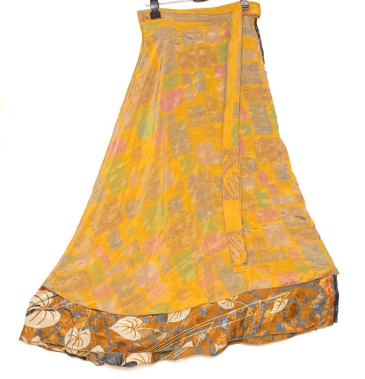 Sushila Vintage Brown Saree Magic Wrap Reversible Skirt Floral Art Silk Beach Dress