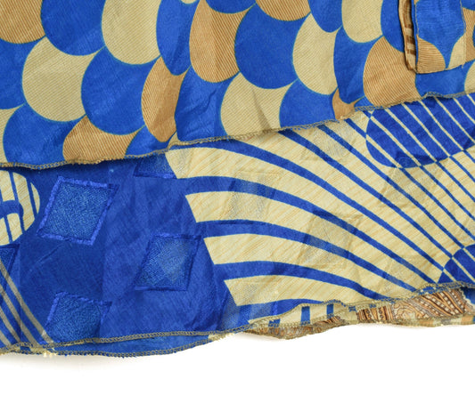 Sushila Vintage Cream Blue Saree Magic Wrap Reversible Skirt Art Silk Beach Dress
