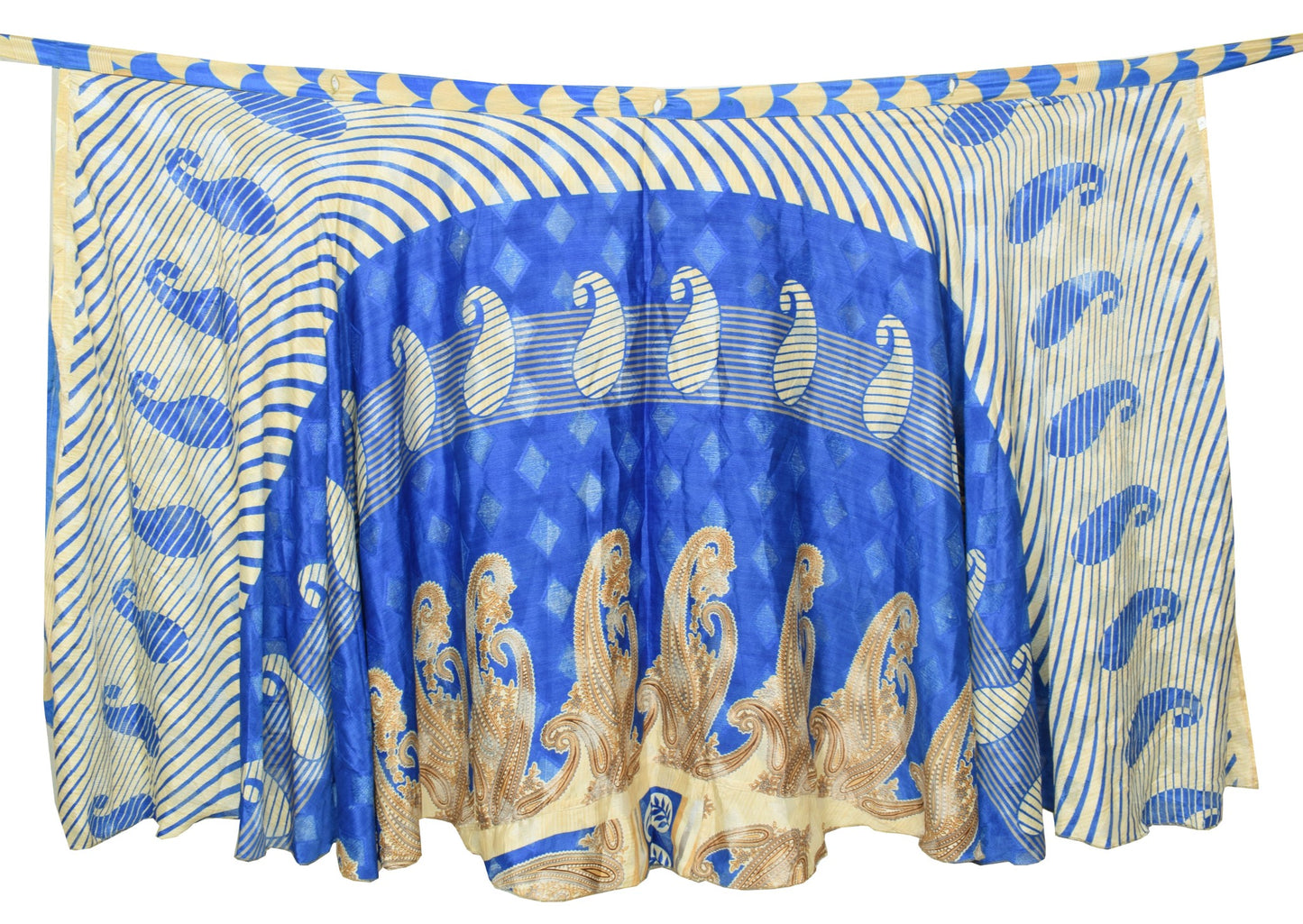 Sushila Vintage Cream Blue Saree Magic Wrap Reversible Skirt Art Silk Beach Dress