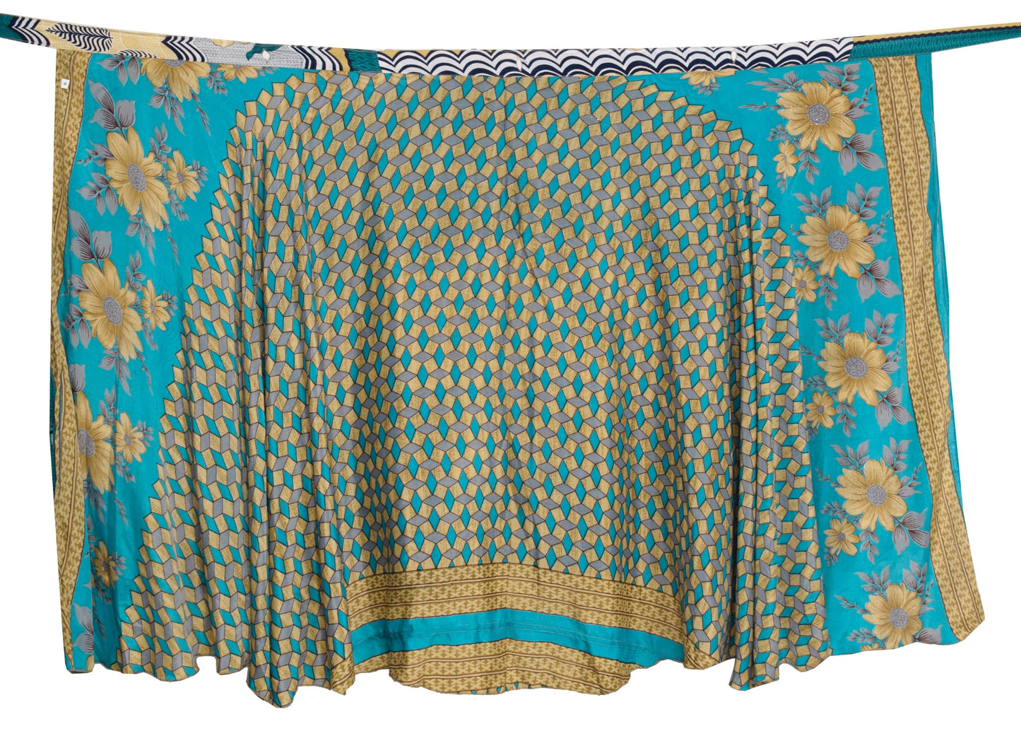 Sushila Vintage Geometrical Art Silk Saree Magic Wrap Reversible Skirt Beach Dress