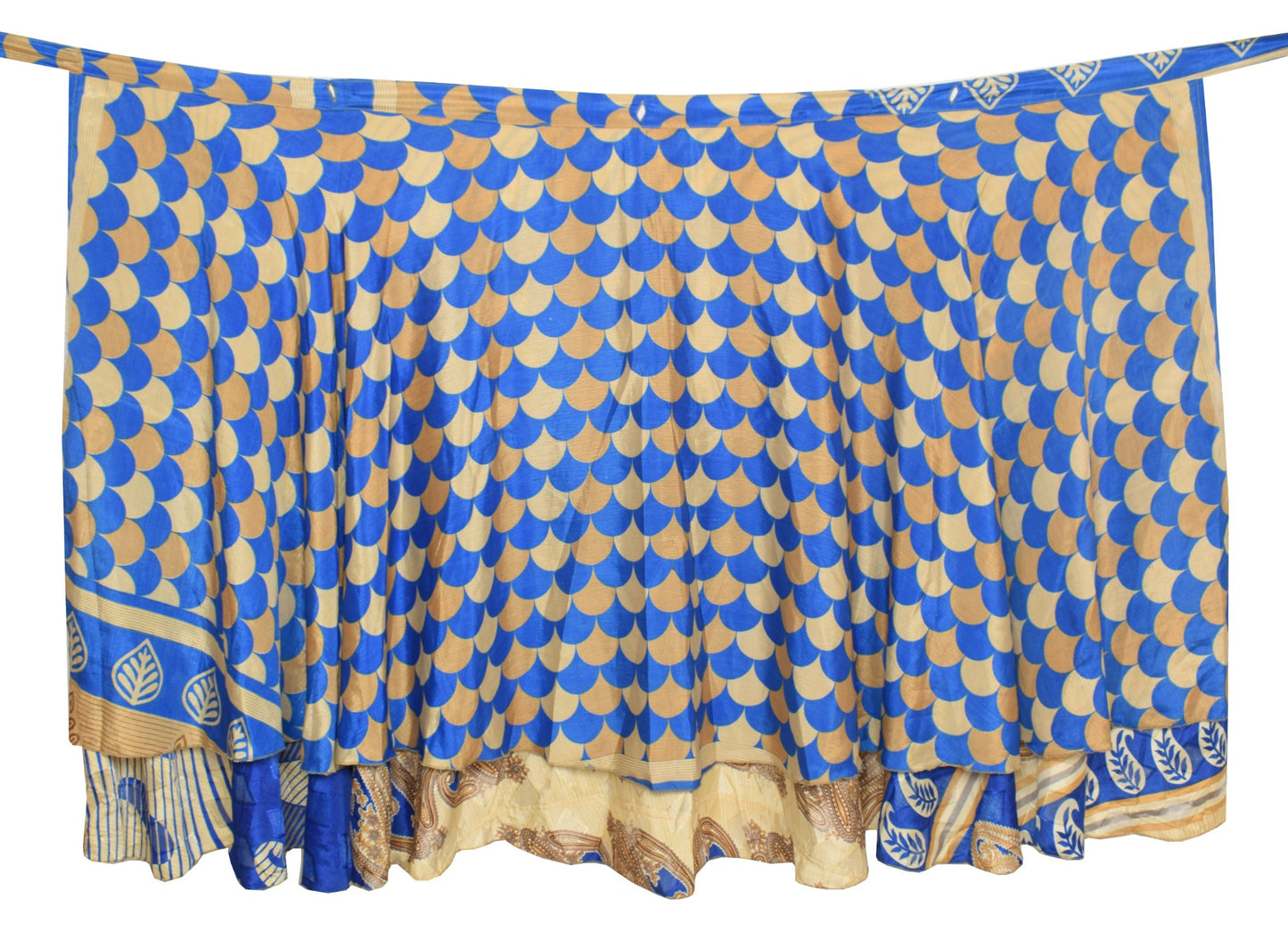 Sushila Vintage Cream Blue Art Silk Saree Magic Wrap Reversible Skirt Beach Dress