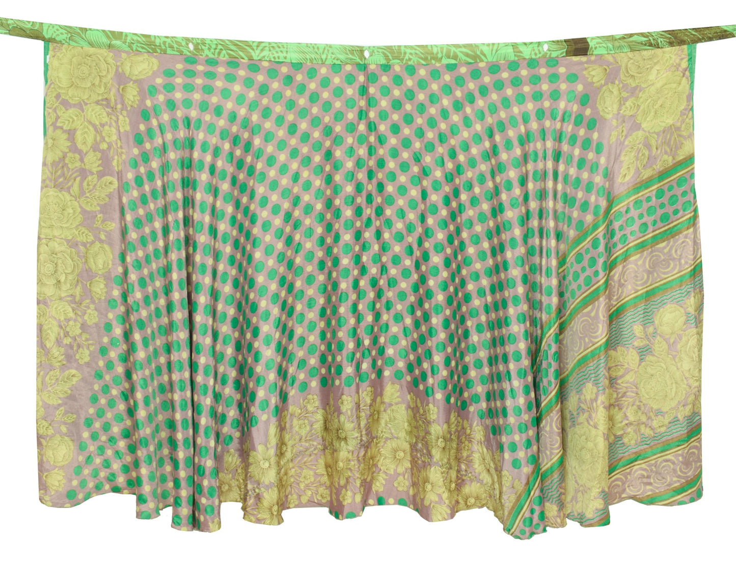Sushila Vintage Green Art Silk Saree Magic Wrap Reversible Skirt Floral Beach Dress