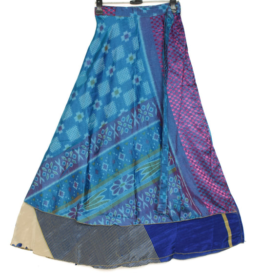 Sushila Vintage Blue Silk Saree Magic Wrap Reversible Skirt Beach Dress Hippie