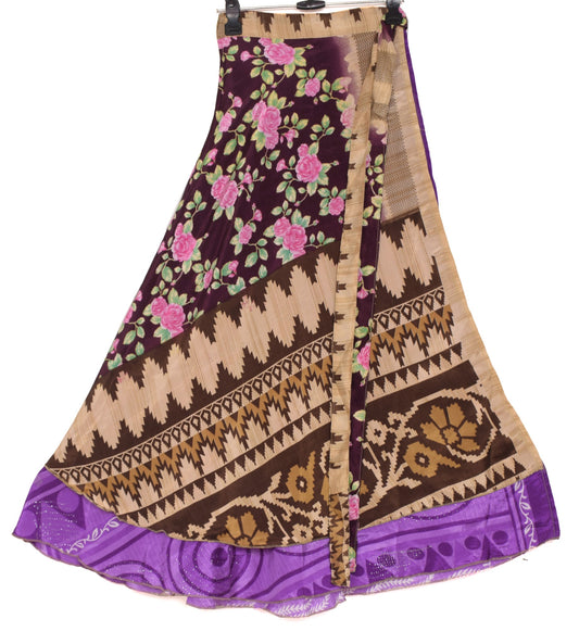 Sushila Vintage Art Silk Saree Purple Magic Wrap Reversible Skirt Beach Dress