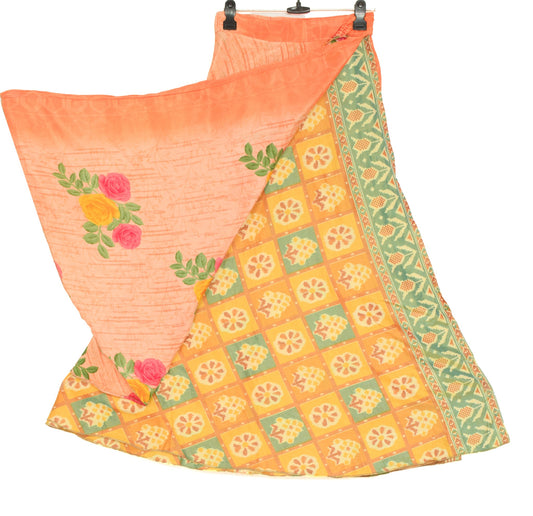 Sushila Vintage Orange Floral Saree Magic Wrap Reversible Skirt Art Silk Beach Dress